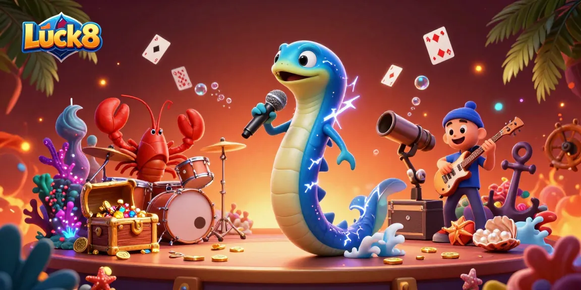 Luck8 illustration of an electric eel DJ, dynamic underwater casino scene with vibrant game elements.