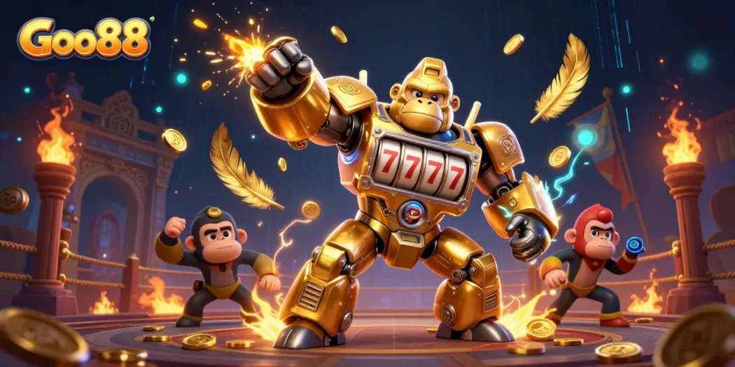 Goo88 provides an explosive gaming experience with a mechanized gorilla smashing through coins.