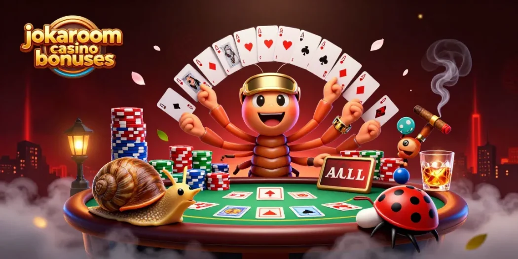 Experience the excitement of jokaroom casino bonuses with 3D characters at a lively poker table.