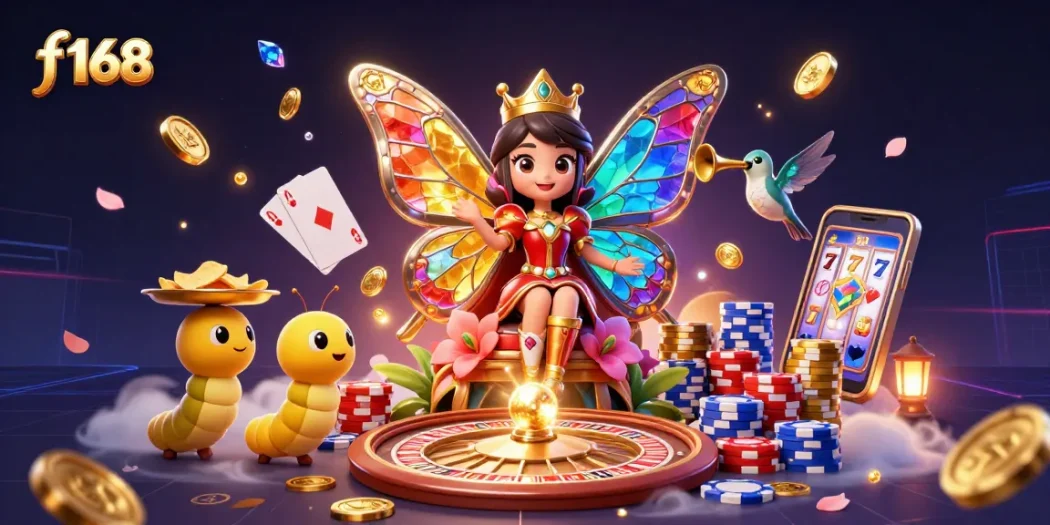 Experience the thrill at f 168 with vibrant 3D casino elements, featuring a butterfly queen and golden chips.