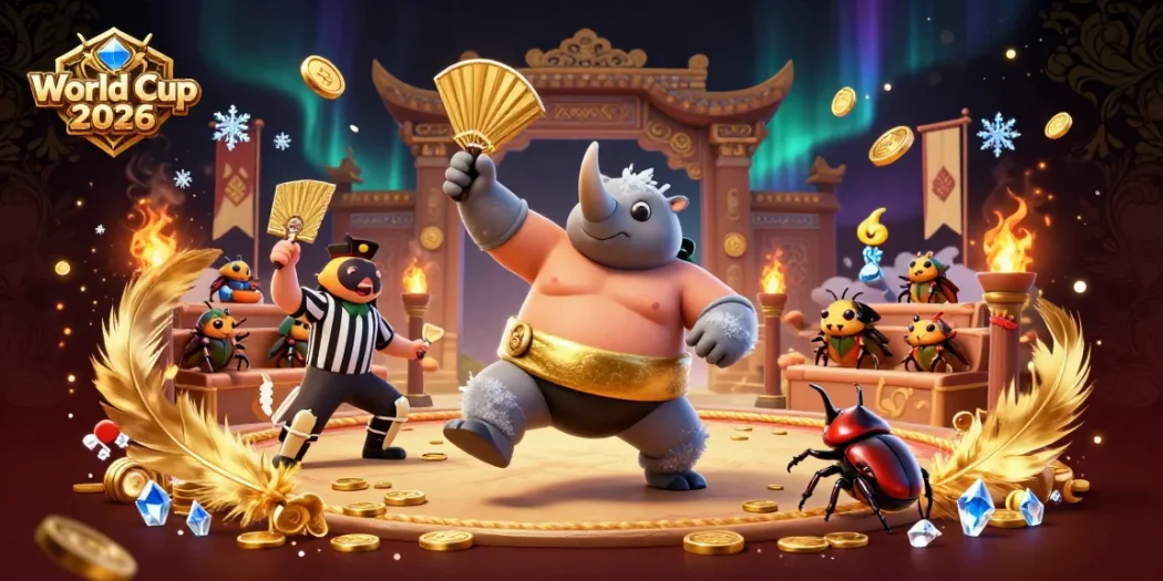 Experience thrilling action at World Cup 2026 with a spirited scene of beetle champions, golden coins, and vibrant betting elements.