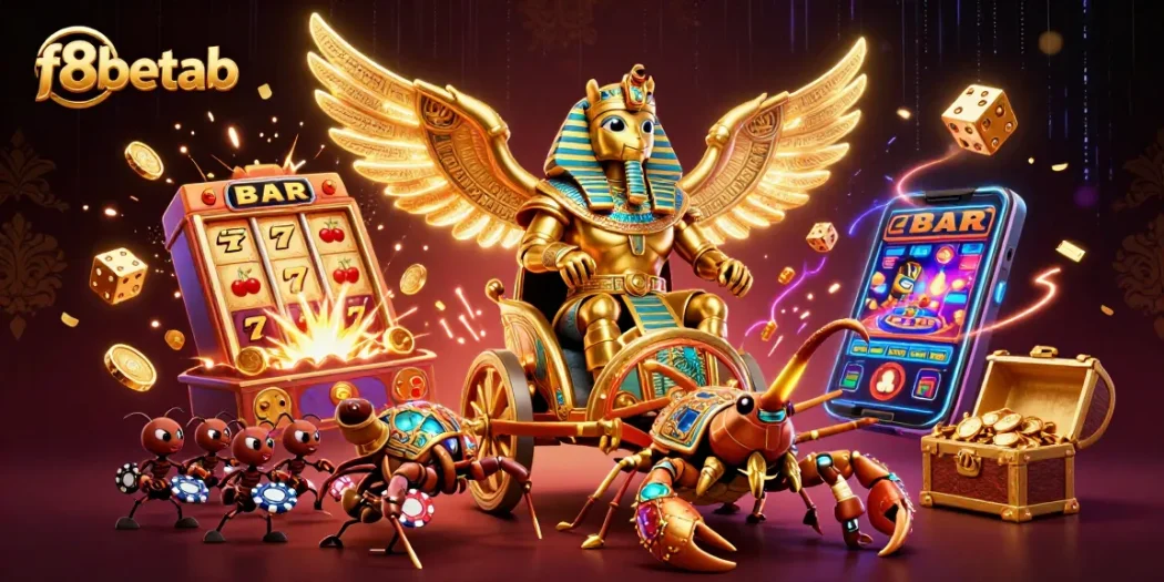 Experience epic wins at f8betab with a golden scarab and jackpot slot machine in a vibrant casino scene.